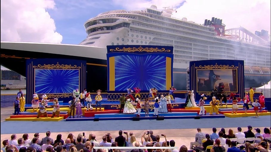 Cruise ship broadcast production and christening environment