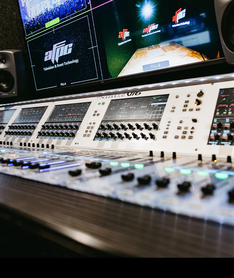 Audio and monitor wall inside mobile broadcast trailer